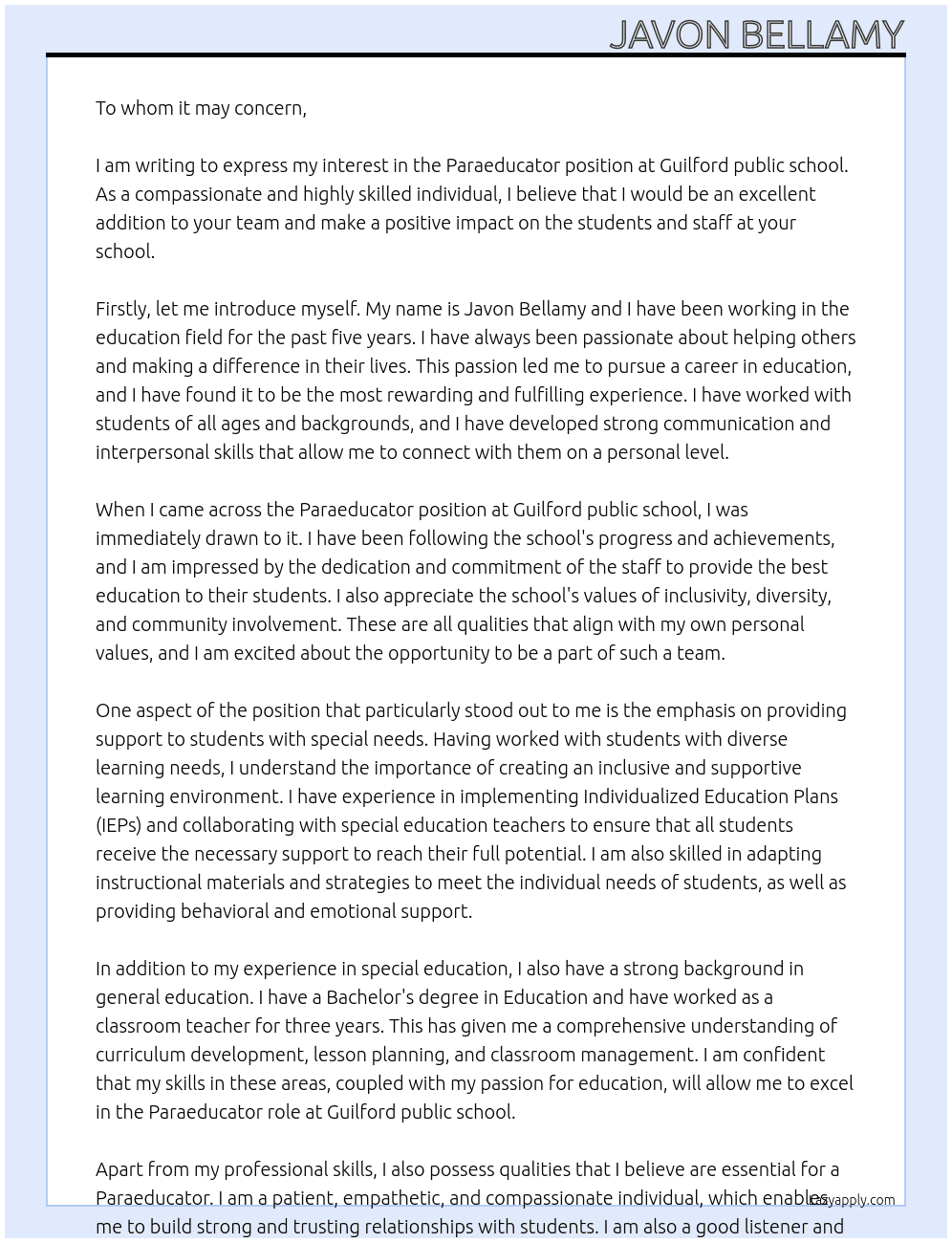 Paraeducator At Guilford public school   Cover Letter