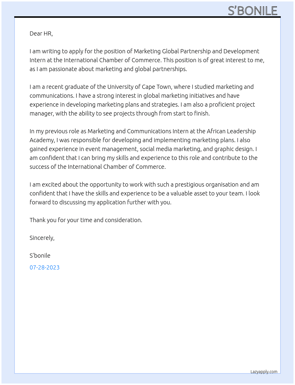 Creation of Marketing Global Partnership and Development Intern At International Chamber of Commerce  Cover Letter