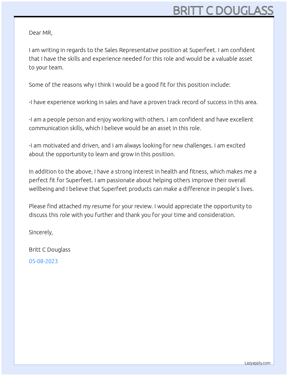 sales representative  At superfeet  Cover Letter