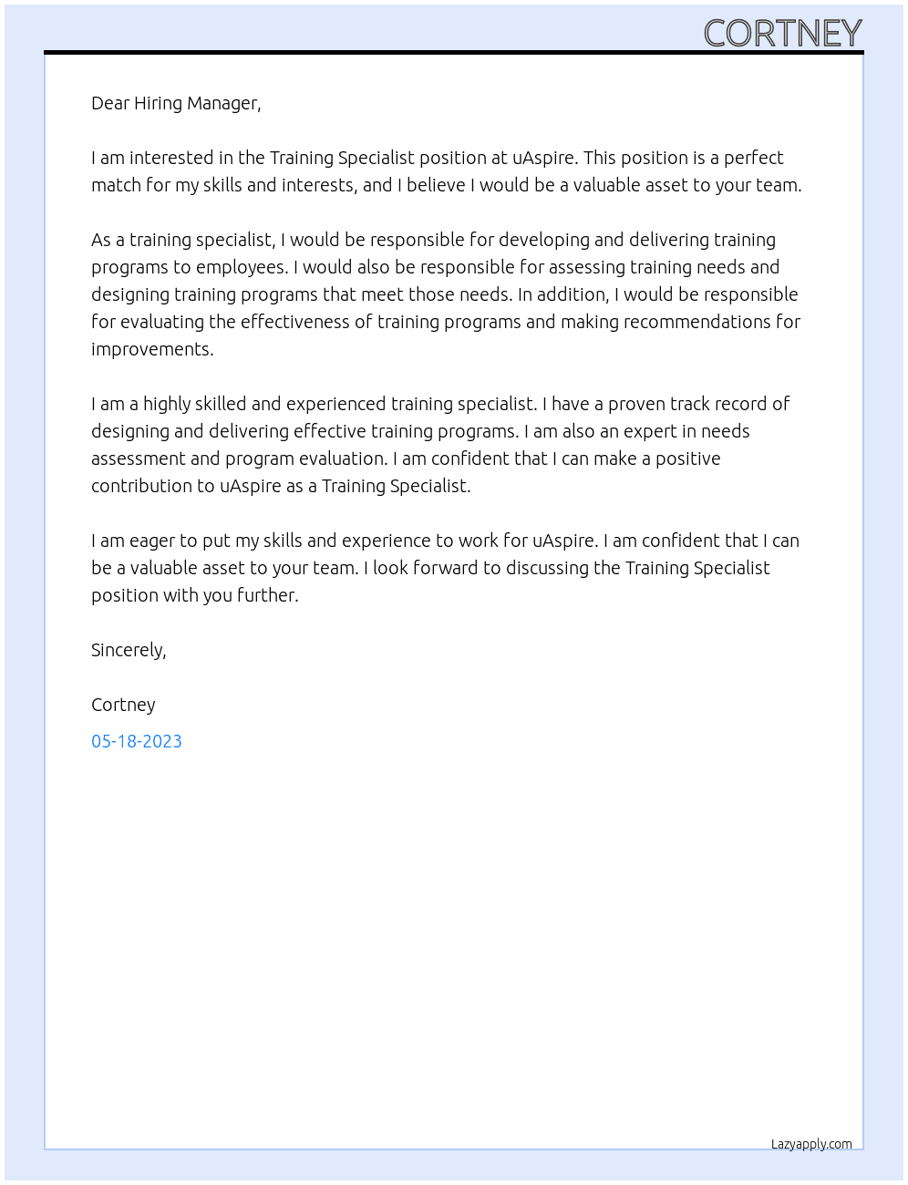 Training Specialist At uAspire Cover Letter