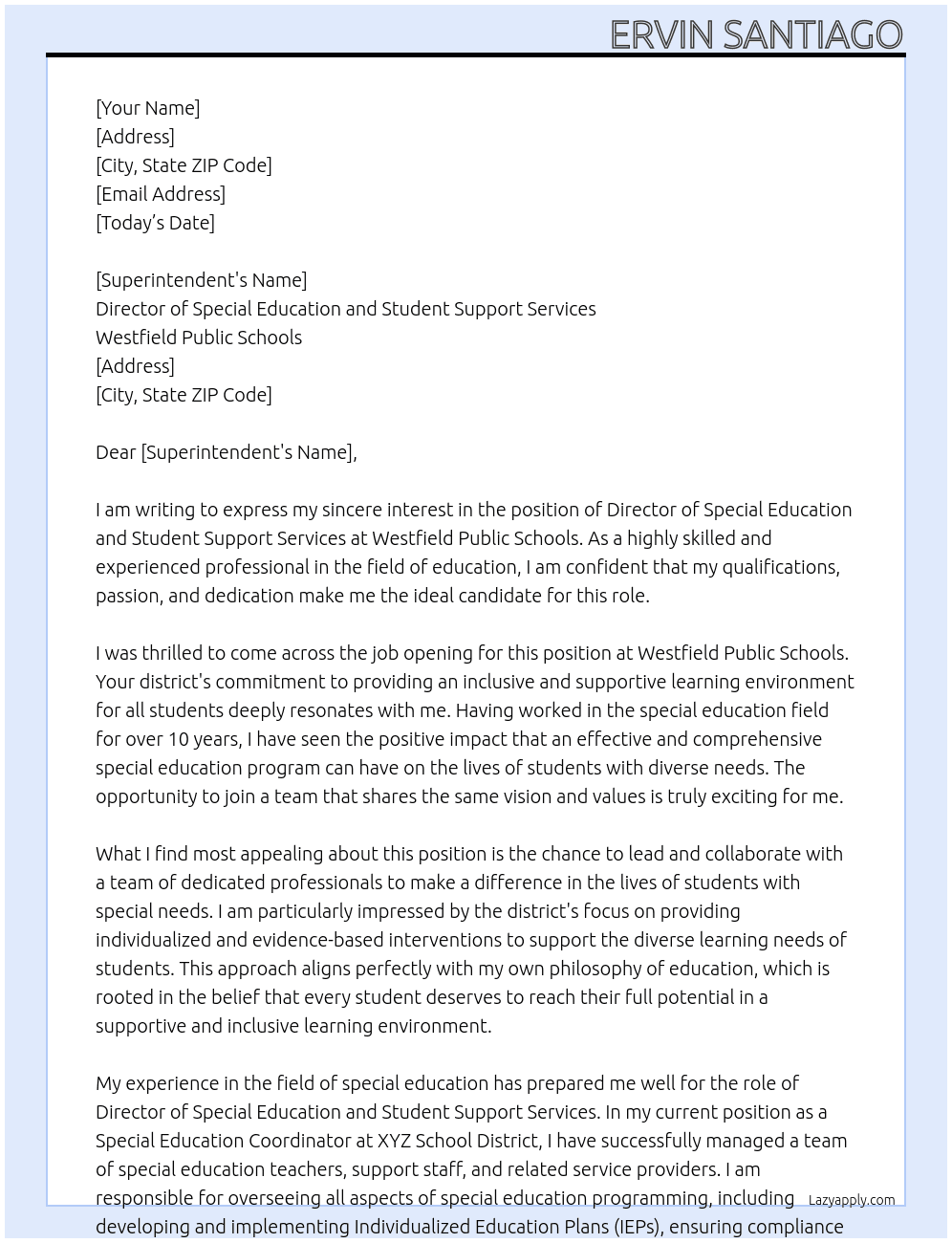Director of Special Education and student support services At westfield public schools Cover Letter