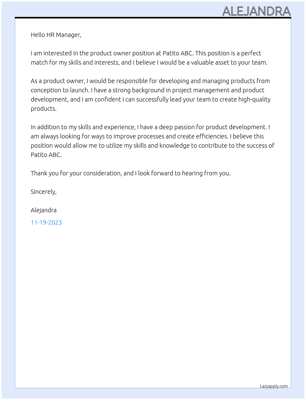 product owner At Patito ABC Cover Letter