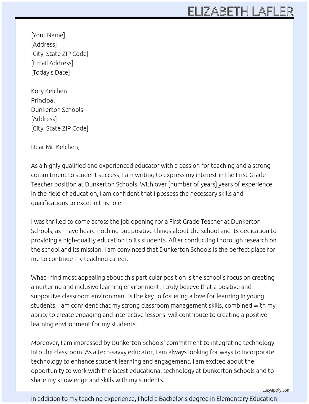 first grade teacher At Dunkerton Schools Cover Letter