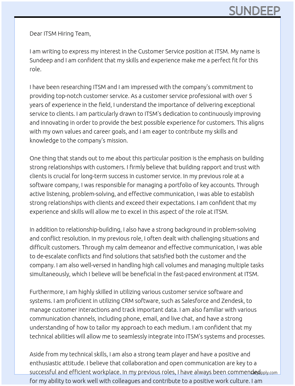 cutomer service At itsm Cover Letter