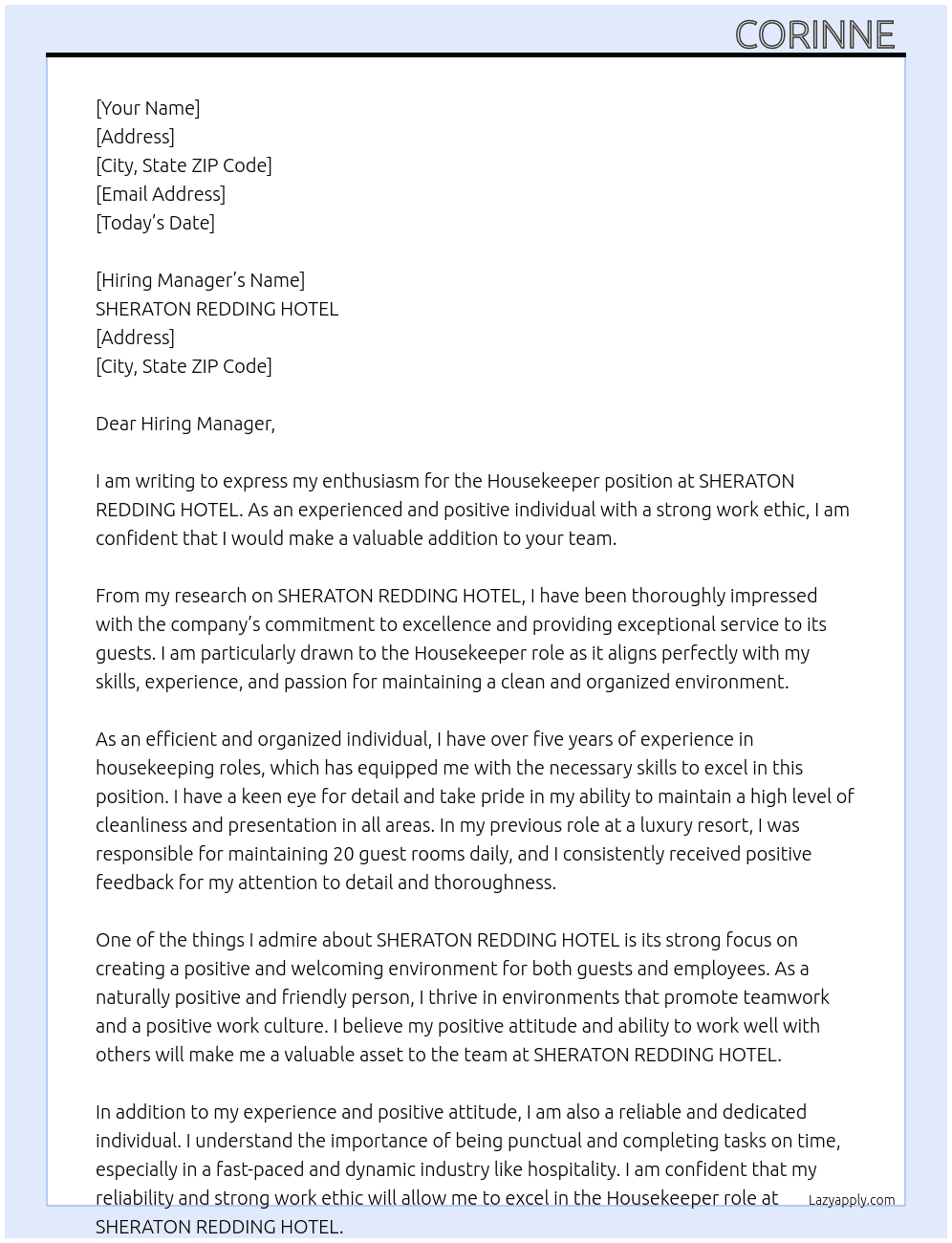 Housekeeper  At SHERATON REDDING HOTEL Cover Letter