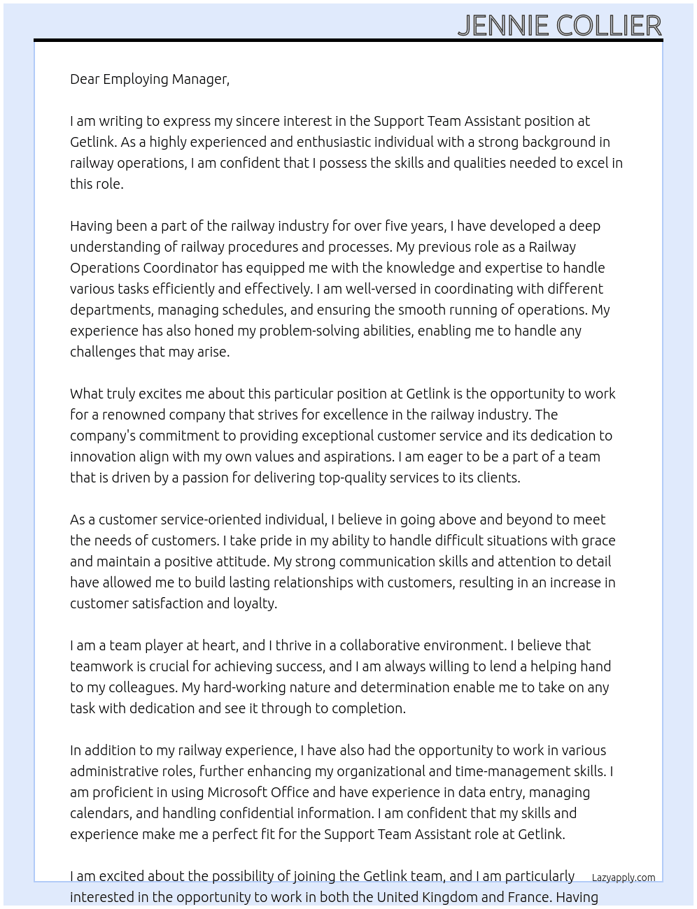Support Team Assistant At Getlink Cover Letter