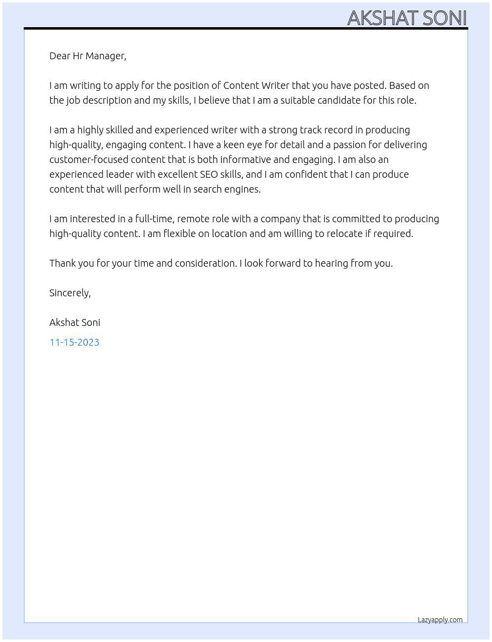 Content writer At Open to any Cover Letter