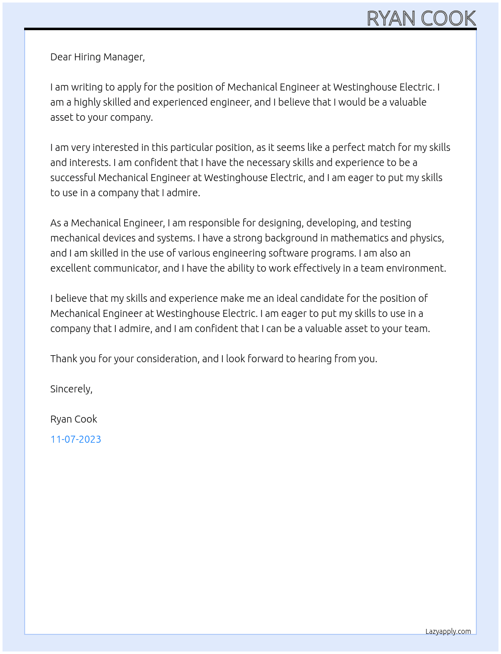 Mechanical Engineer At Westinghouse Electric Cover Letter