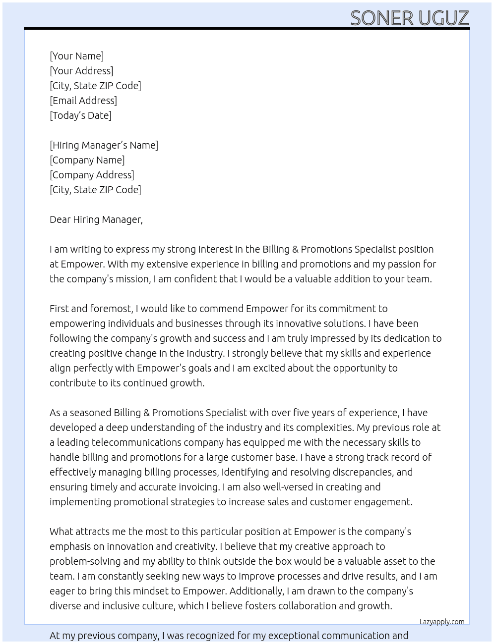 Billing & Promotions Specialist At Empower Cover Letter