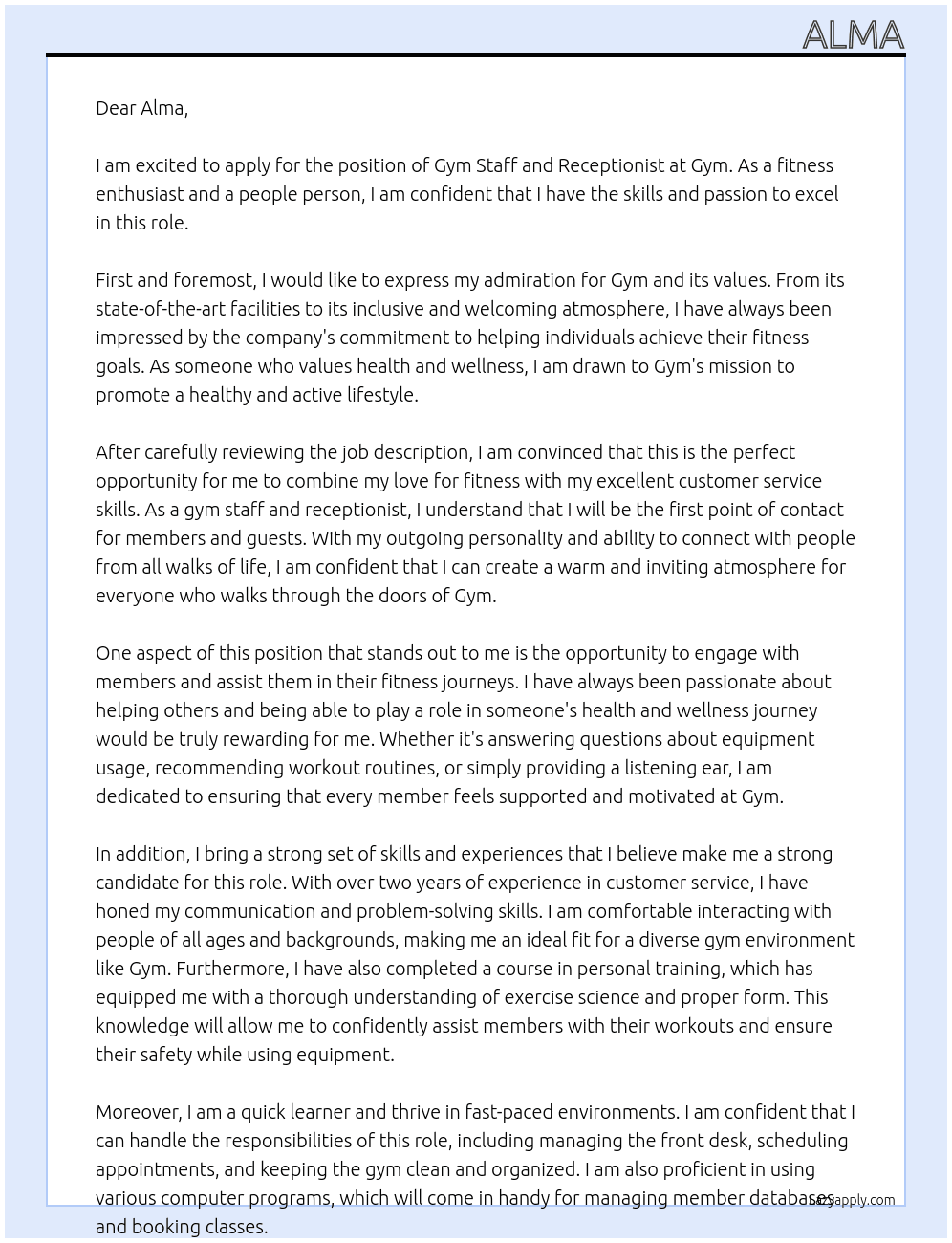 gym staff and receptionist At gym Cover Letter