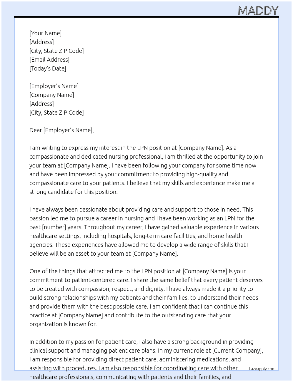 LPN At LIVH Cover Letter