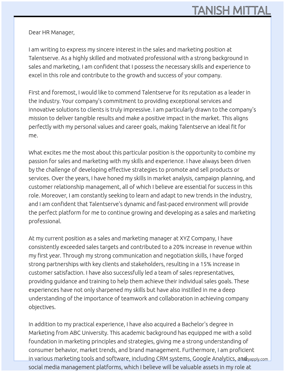 sales and marketing At Talentserve Cover Letter