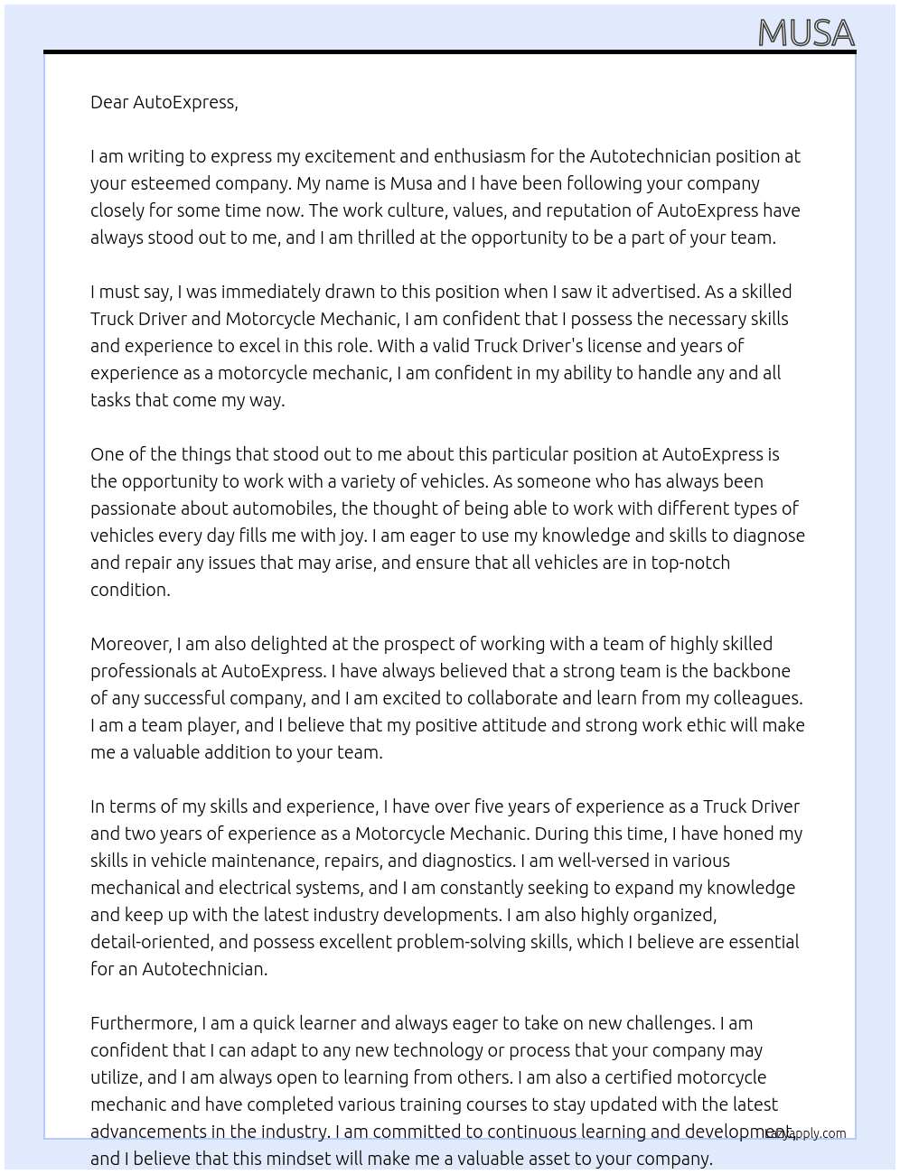 Autotechnician  At Musa Cover Letter