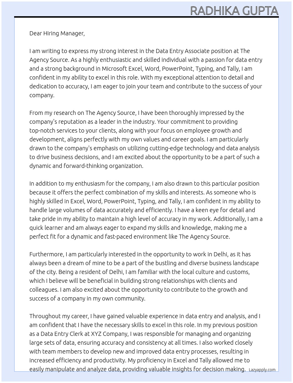 Data Entry Associate At The Agency Source Cover Letter