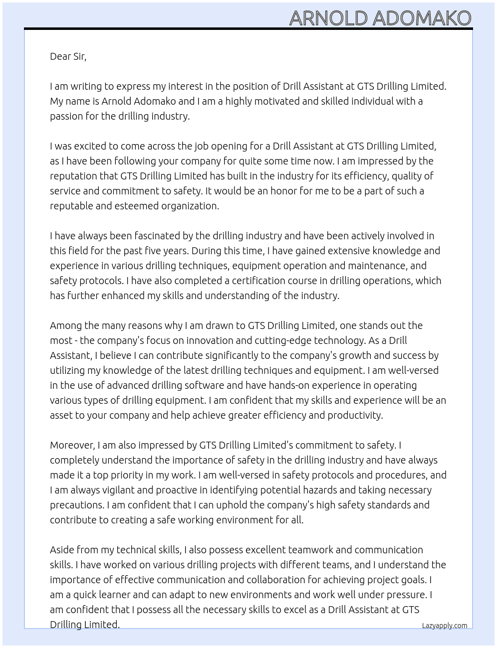 DRILL ASSISTANT  At GTS DRILLING LIMITED Cover Letter