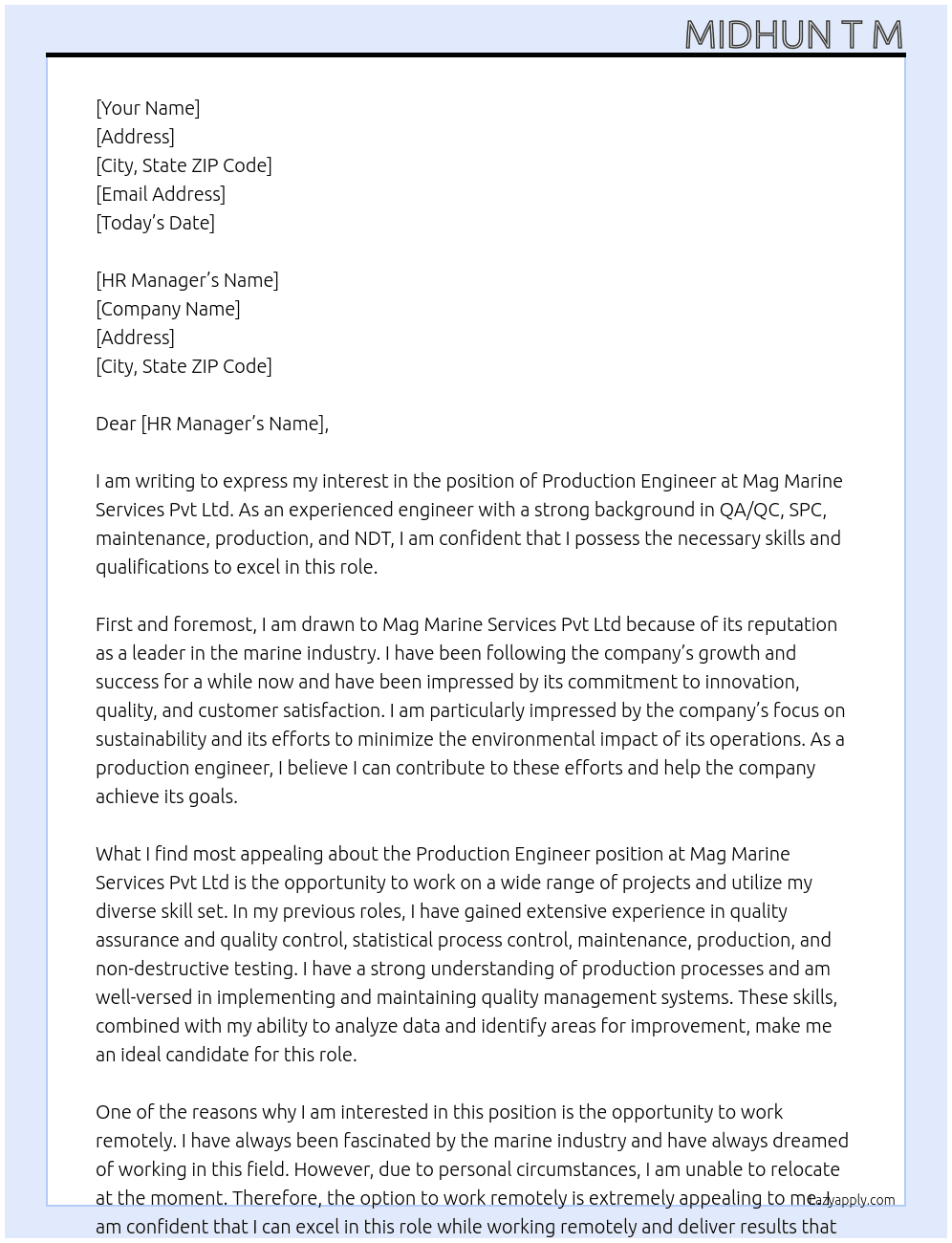 Production engineer  At Mag marine services Pvt Ltd Cover Letter