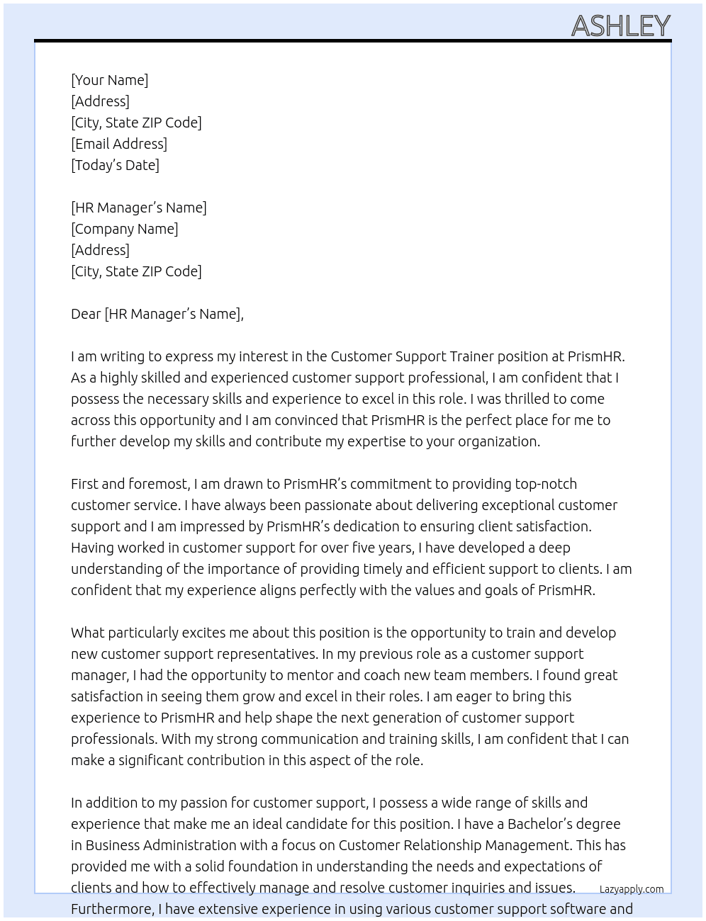 Customer Support Trainer At PrismHR Cover Letter
