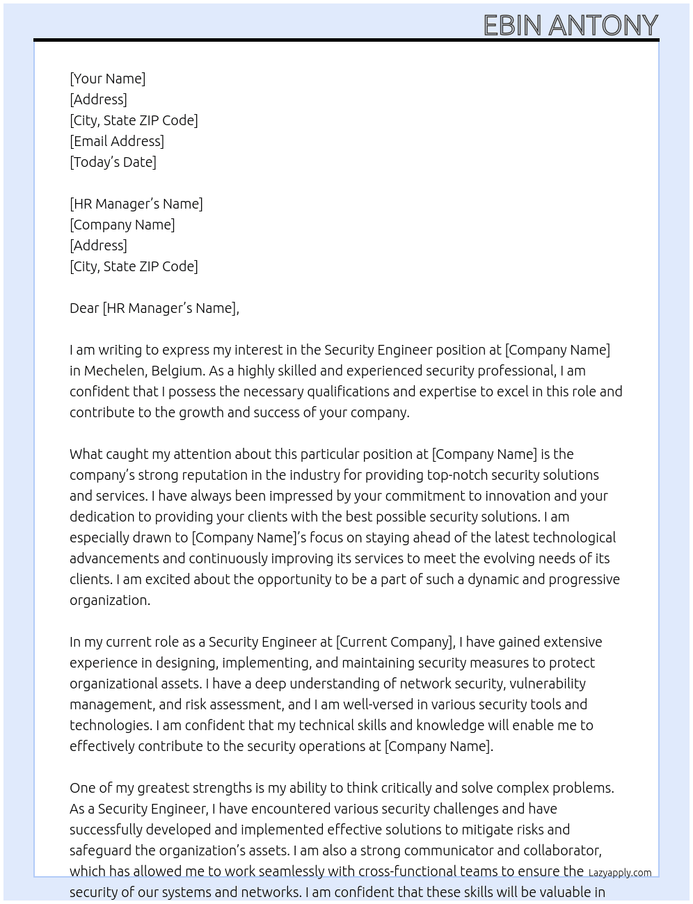 Security Engineer At Mechelen, Belgium Cover Letter