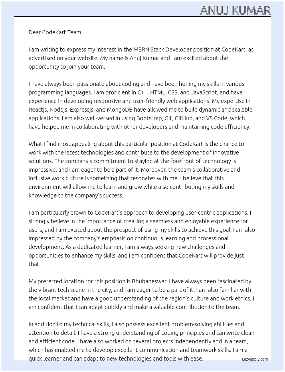 MERN Stack developer At CodeKart Cover Letter