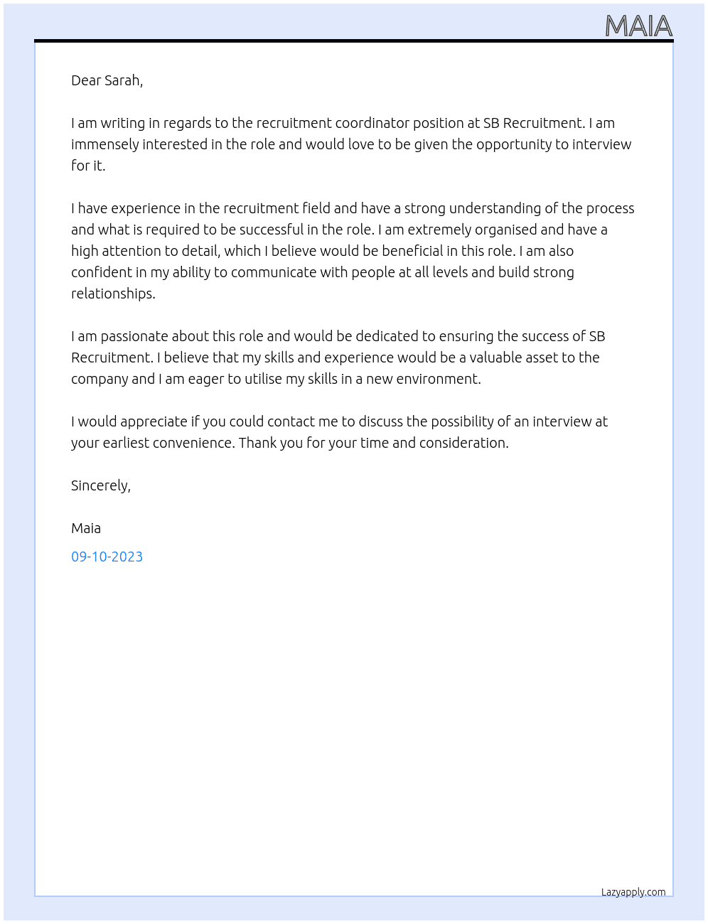 Recruitment Coordinator At SB Recruitment Cover Letter