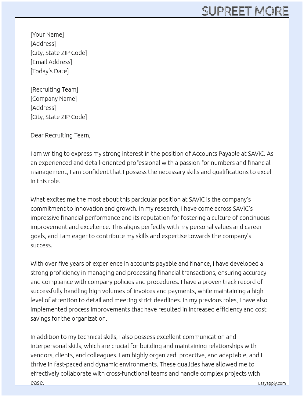 Accounts Payable  At SAVIC Cover Letter