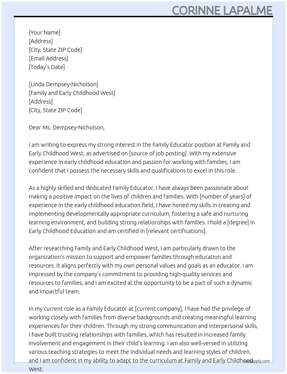 Family Educator At Family and Early Childhood West Cover Letter