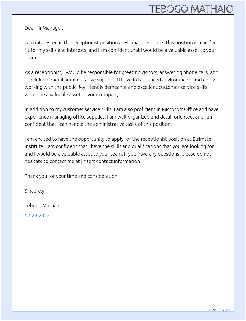 Receptionist At Elsimate Institute Cover Letter