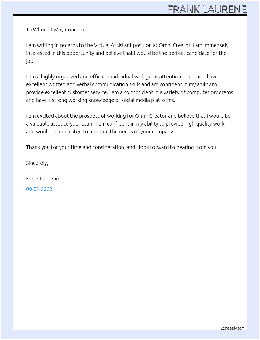 Virtual Assistant At Omni Creator Cover Letter