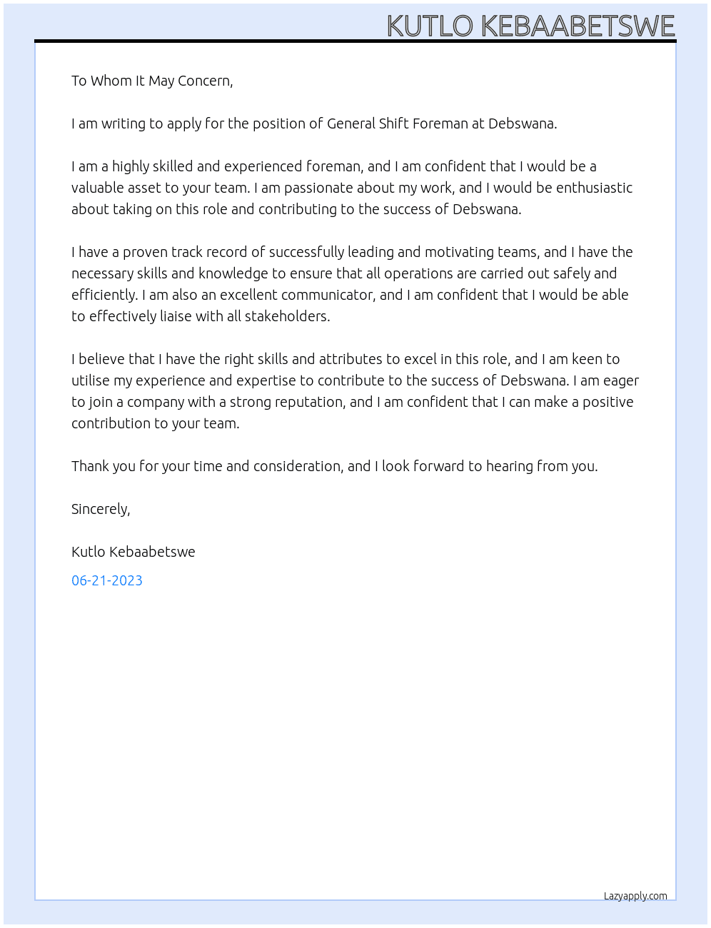 General Shift Foreman At Debswana  Cover Letter