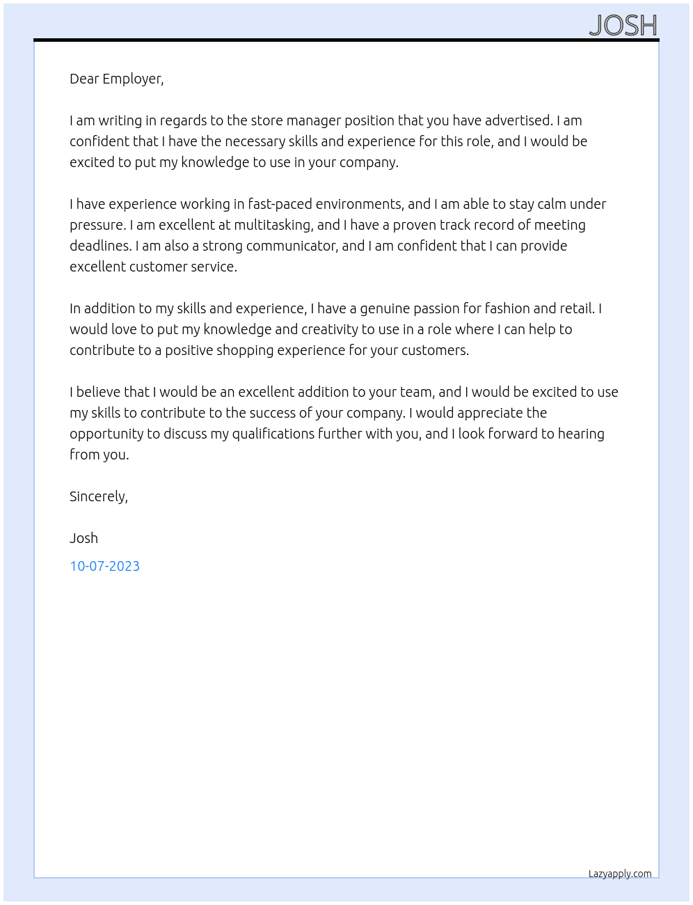 Store manger At The warehouse Cover Letter