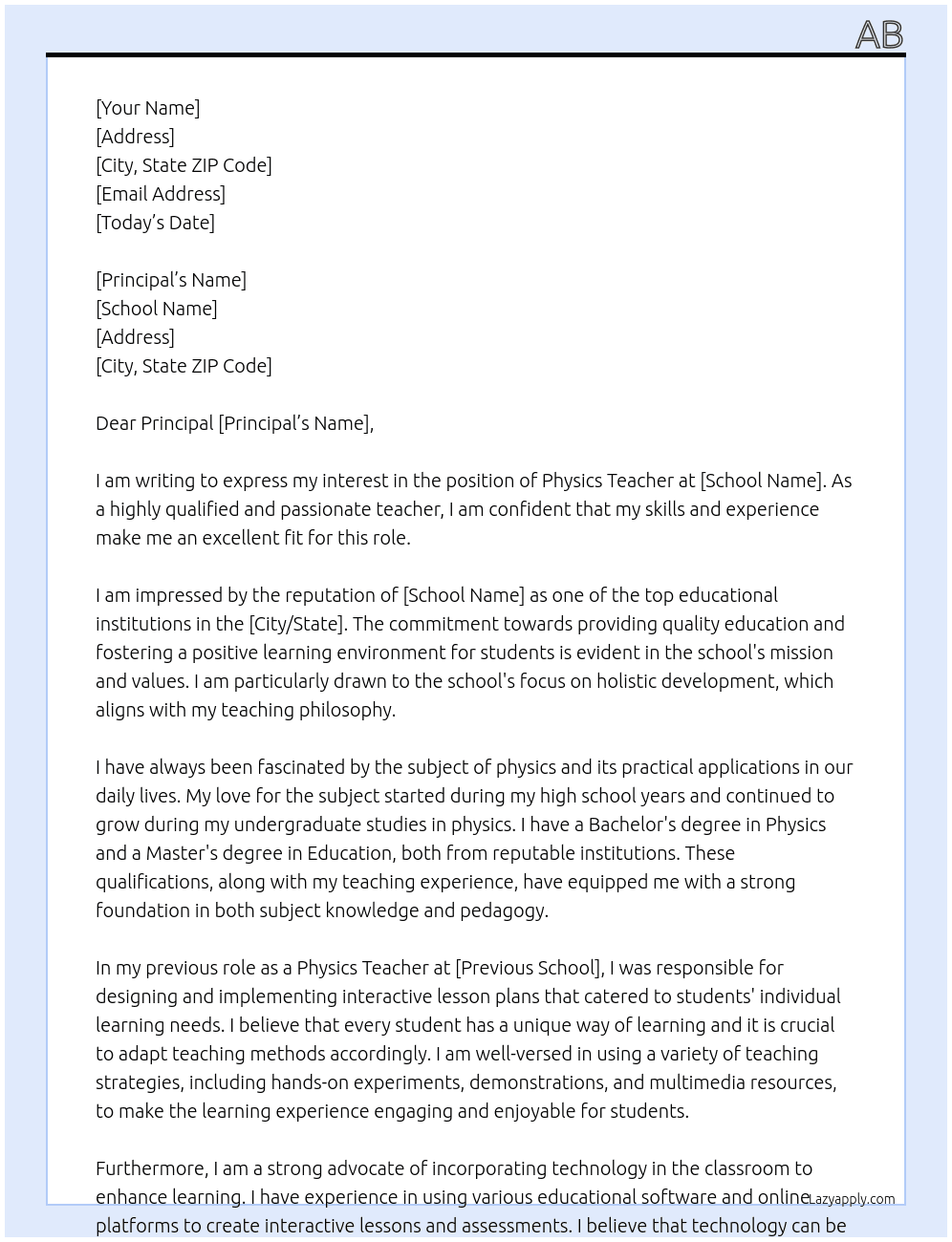physics teacher At school Cover Letter