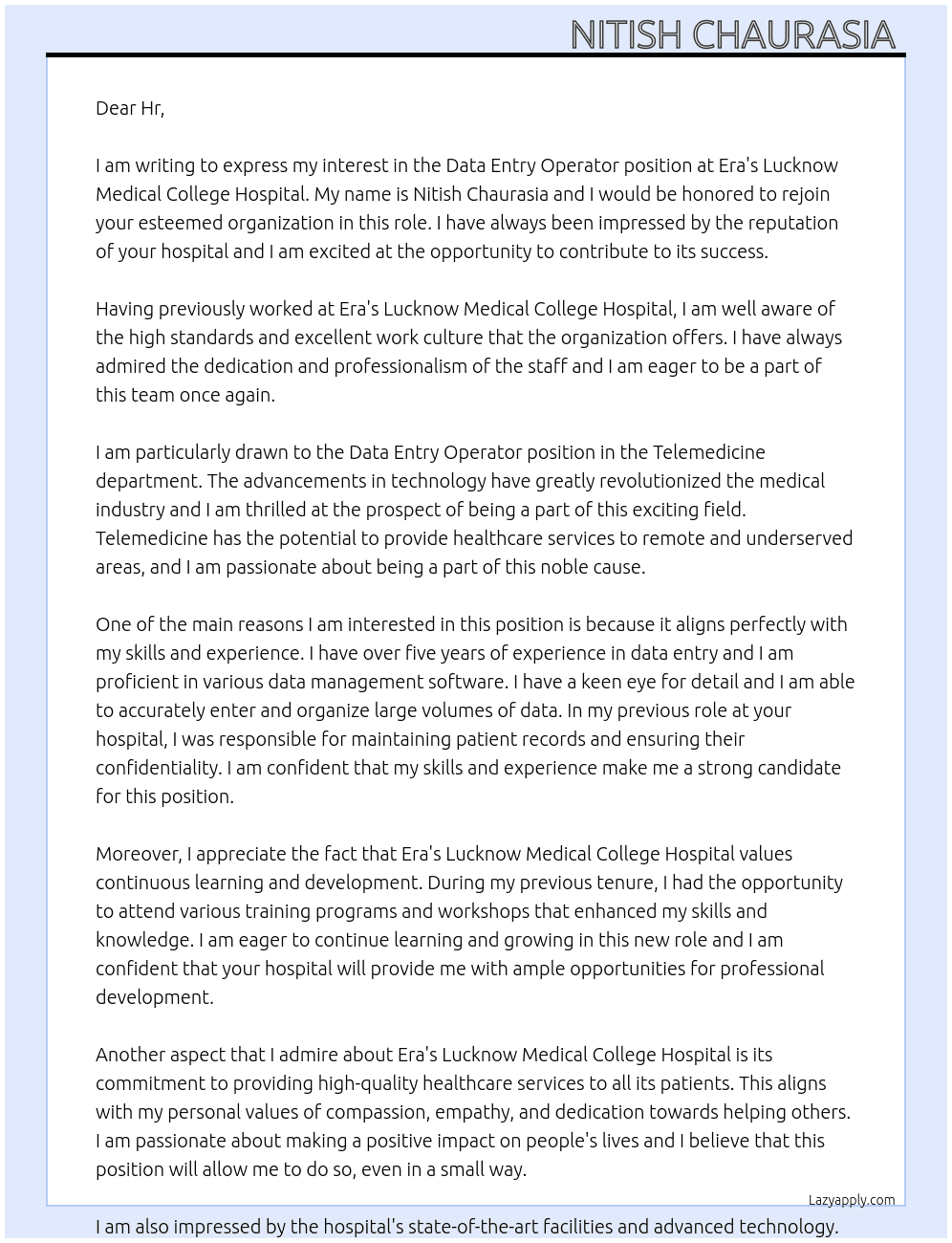 Data entry operator  At Era's Lucknow medical College hospital  Cover Letter