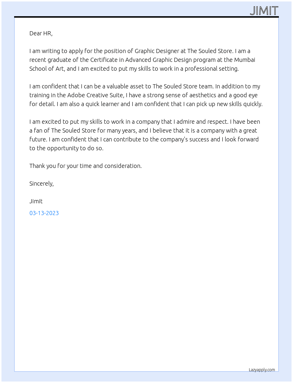 Graphic Designing At The Souled Store Cover Letter