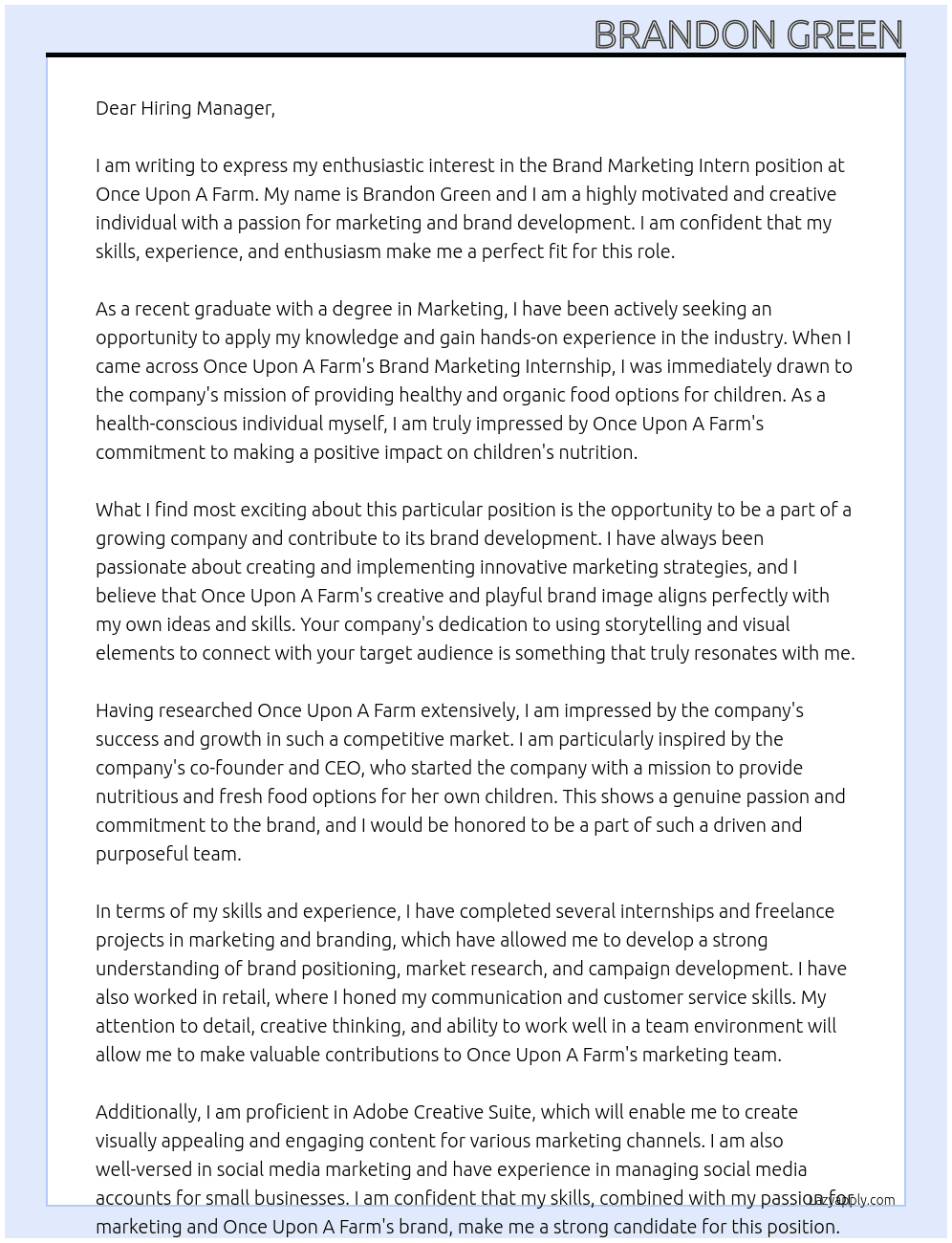 Brand Marketing Intern At Once Upon A Farm Cover Letter