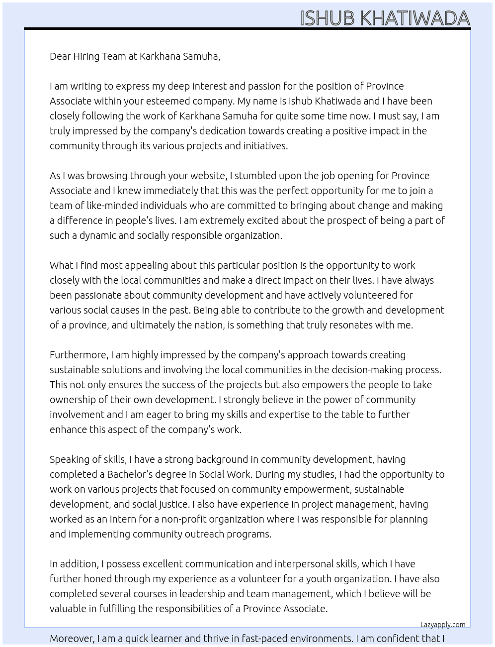 Province Associate At Karkhana Samuha Cover Letter
