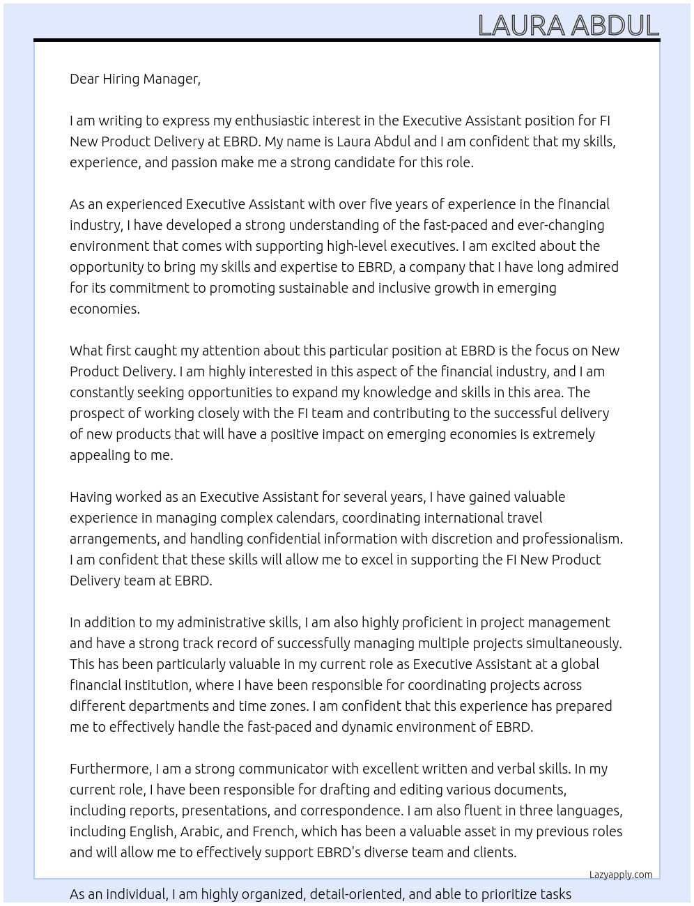 Executive Assistant for the FI New Product Delivery At EBRD Cover Letter
