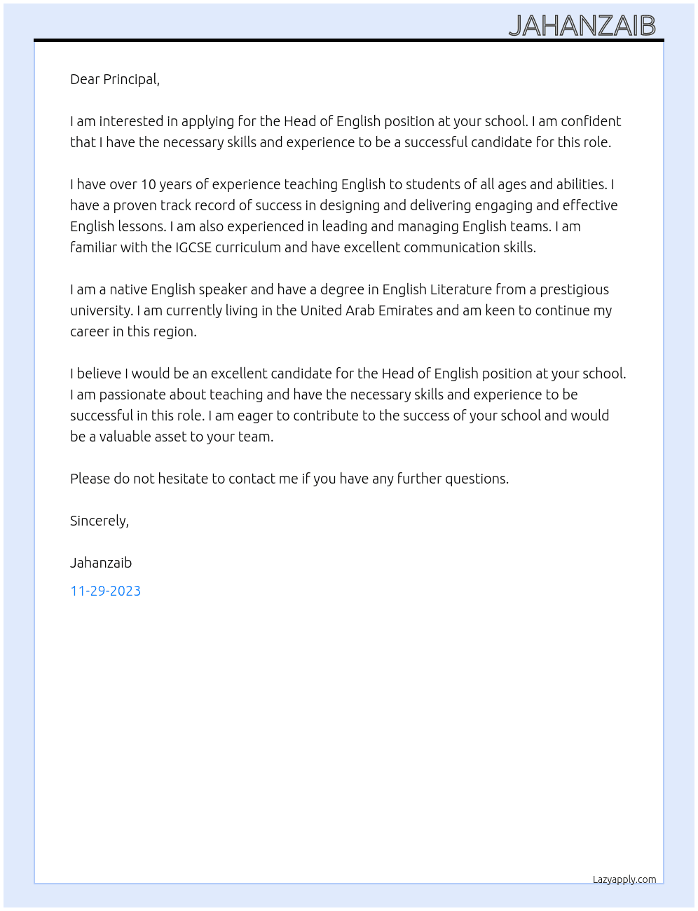 Head of English At School Cover Letter