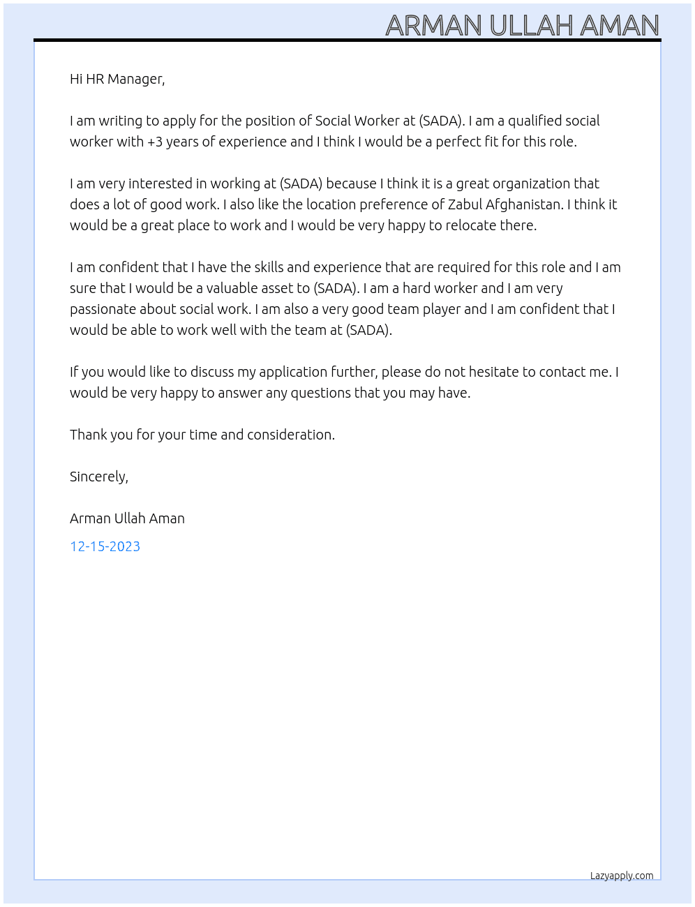 Social Worker At (SADA) Cover Letter