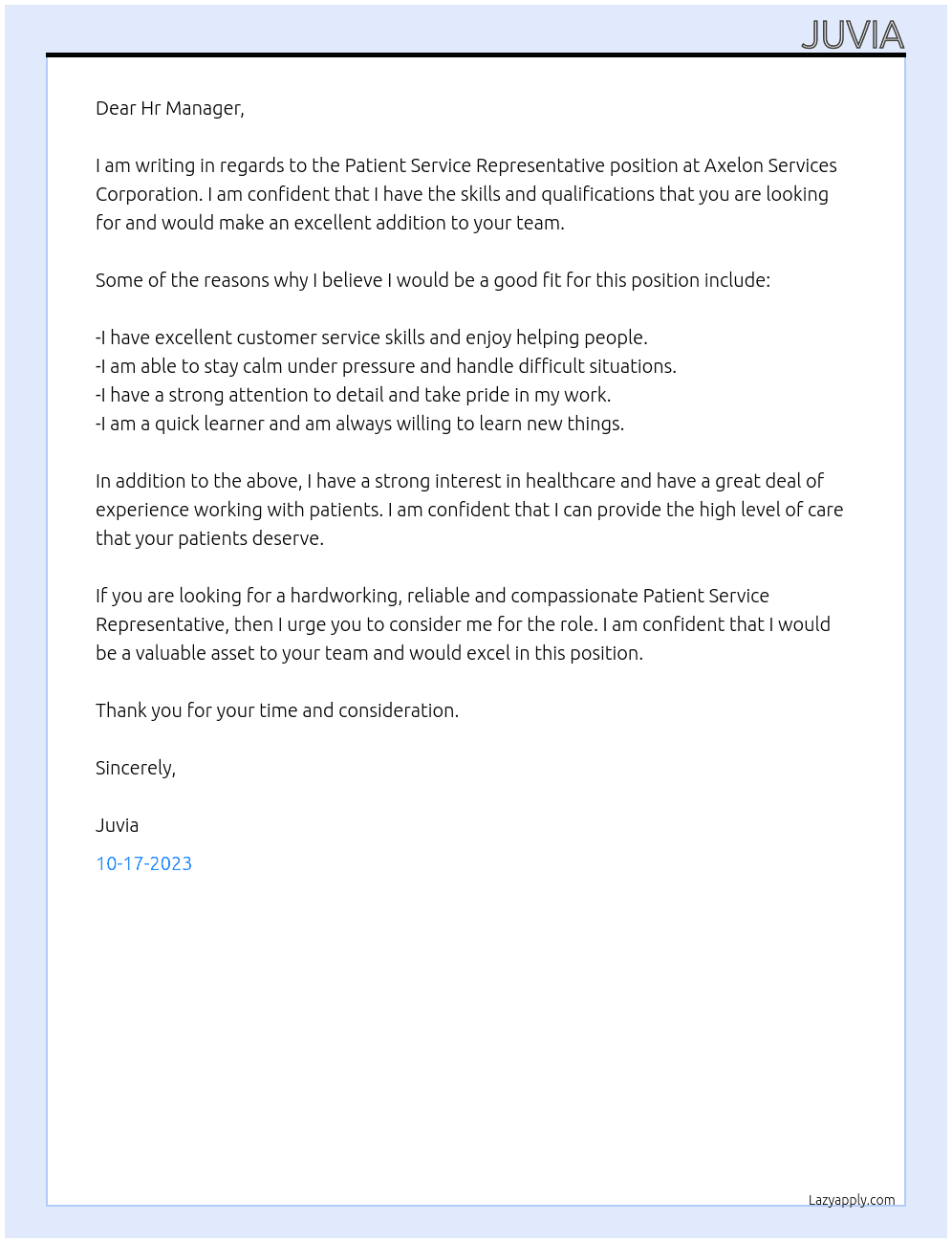 Patient Service Representative  At Axelon Services Corporation Cover Letter