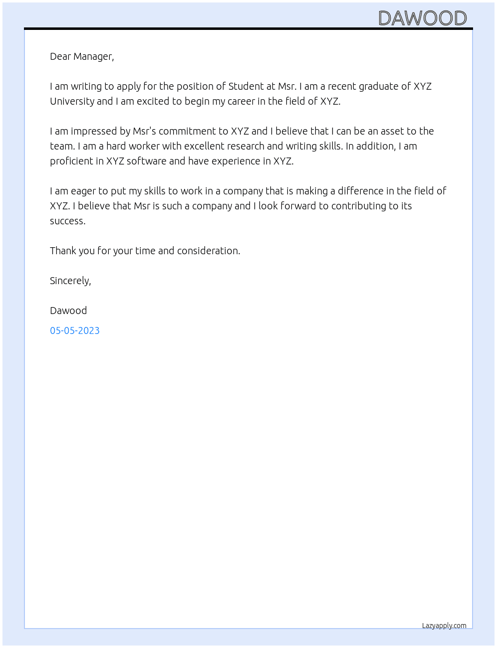 Student  At Msr Cover Letter