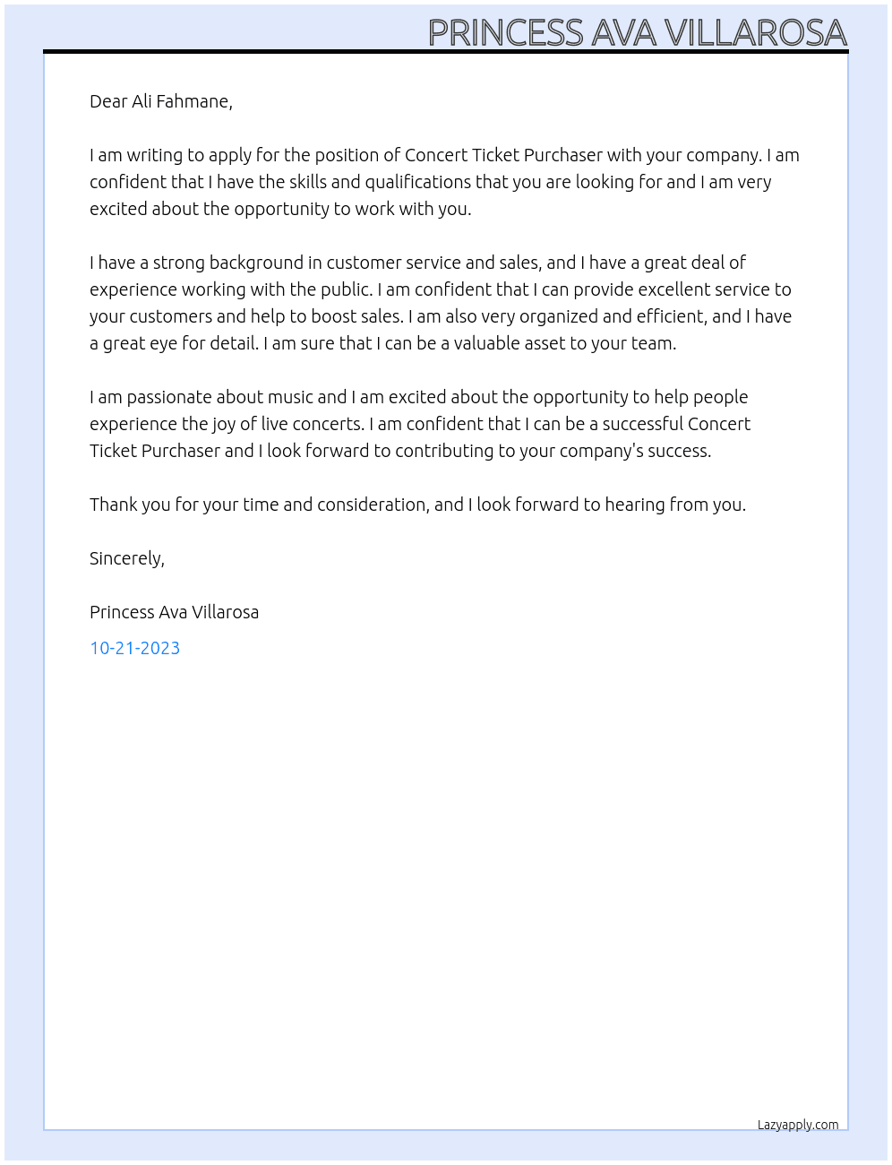 Concert ticket purchaser At Concert ticket purchaser Cover Letter