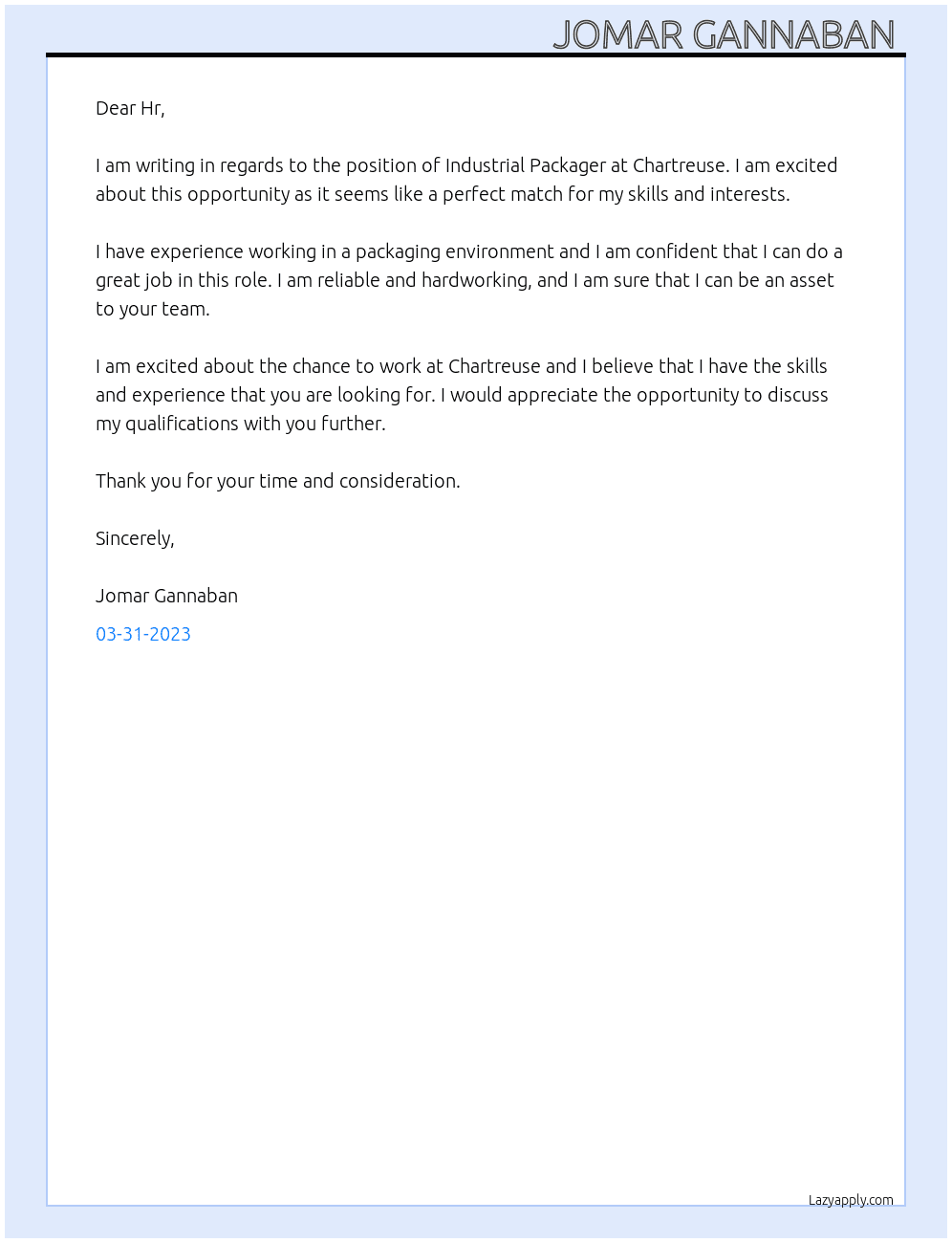 Industrial Packager  At Chartreuse Cover Letter