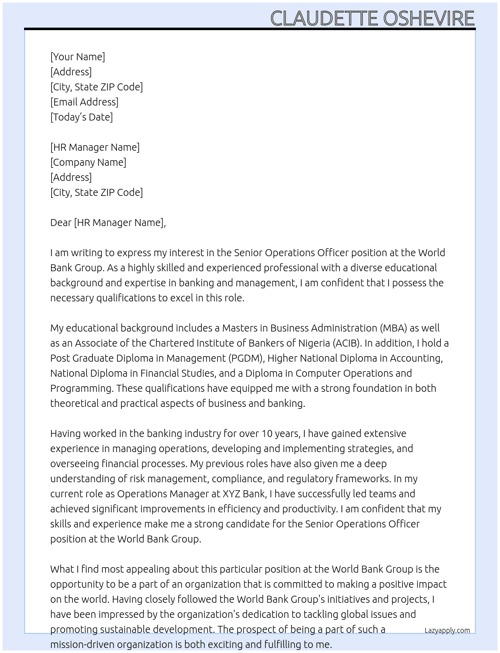 Senior Operations Officer At World Bank Group Cover Letter