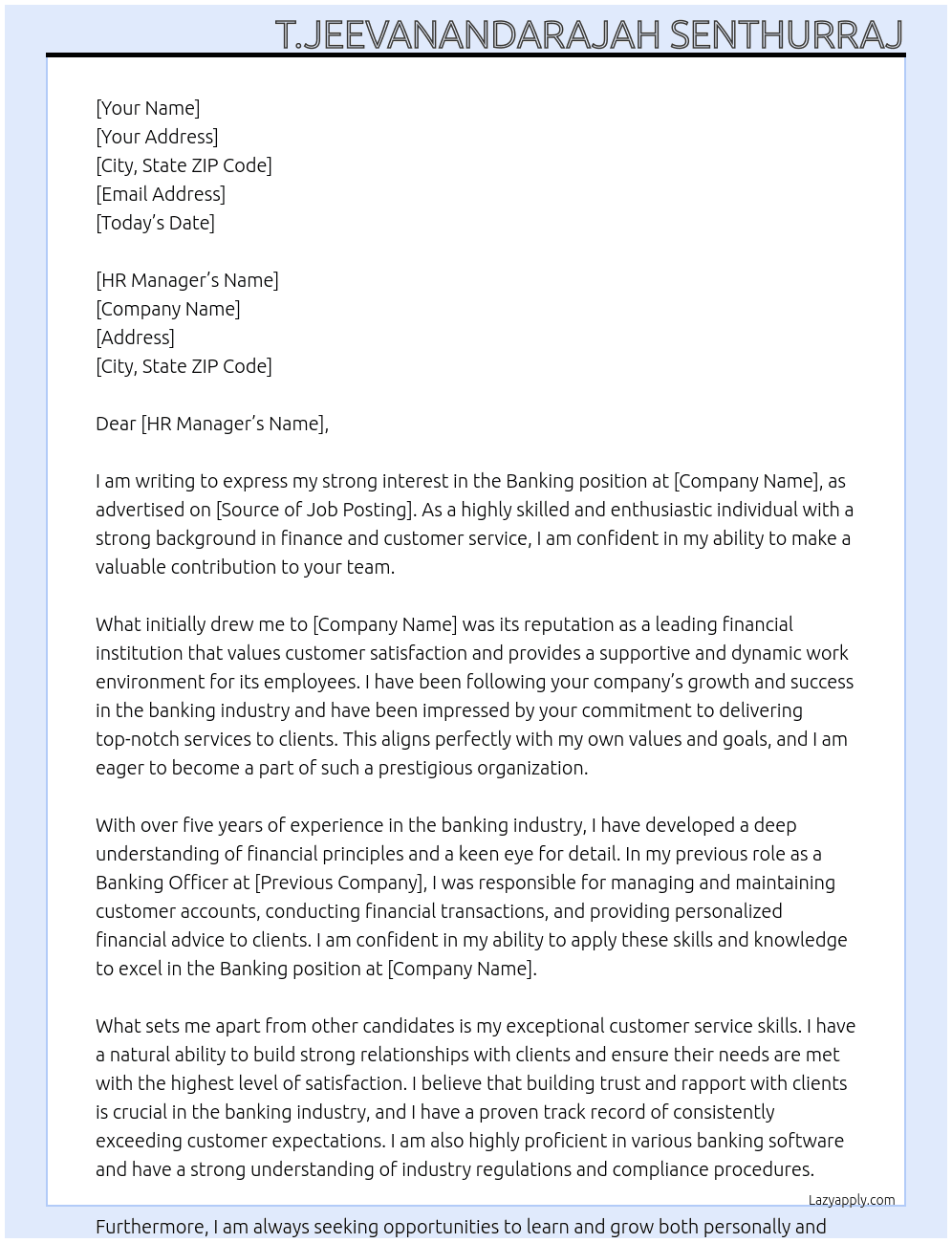 Banking At Company Cover Letter