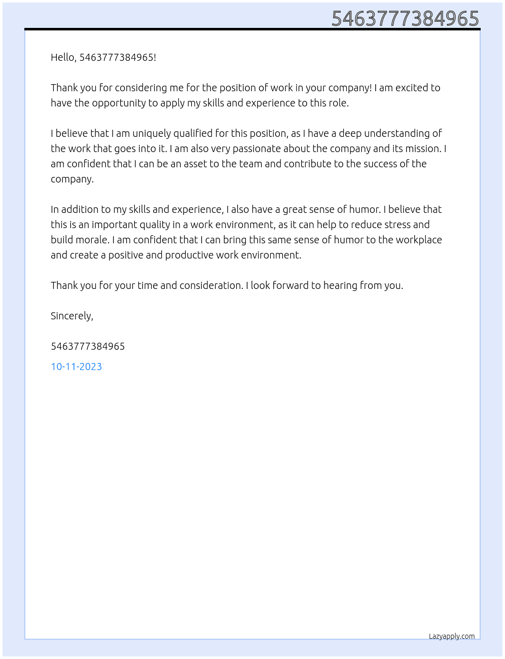work At 5463777384965 Cover Letter