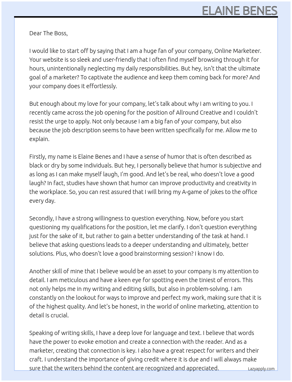 Allround Creative At online marketeer Cover Letter