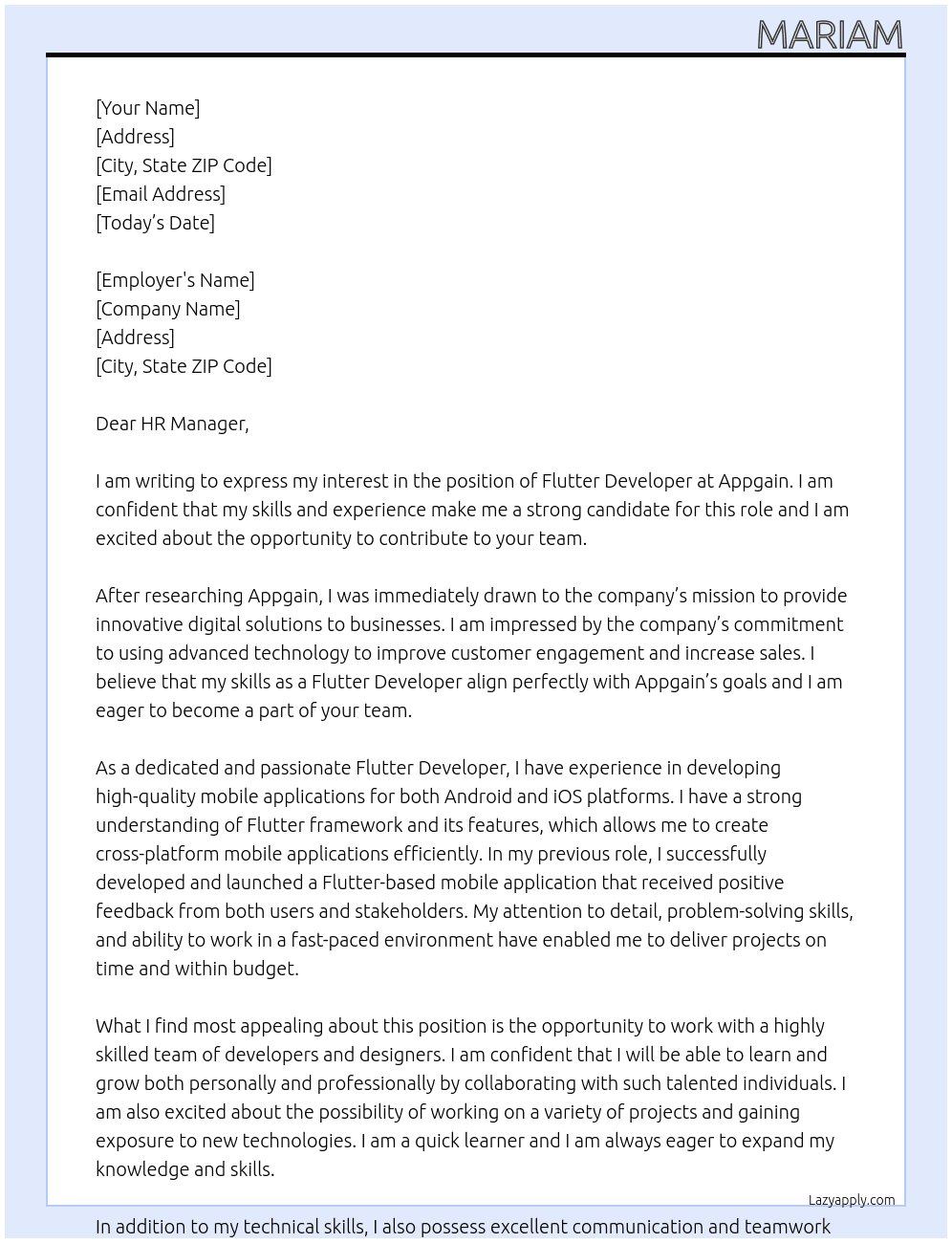 Flutter developer  At Appgain Cover Letter