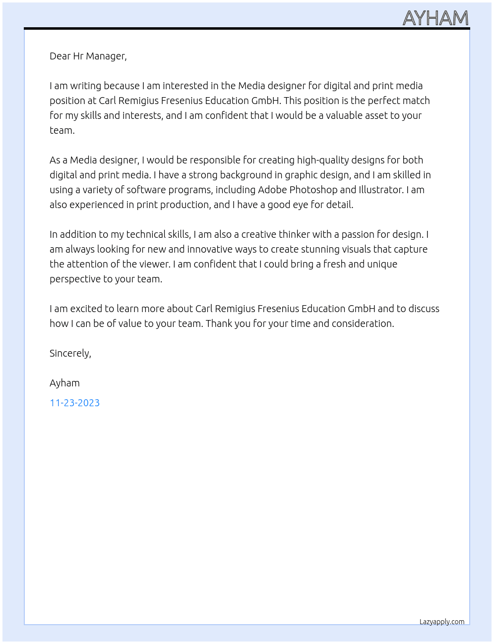 Media designer for digital and print media  At Carl Remigius Fresenius Education GmbH Cover Letter