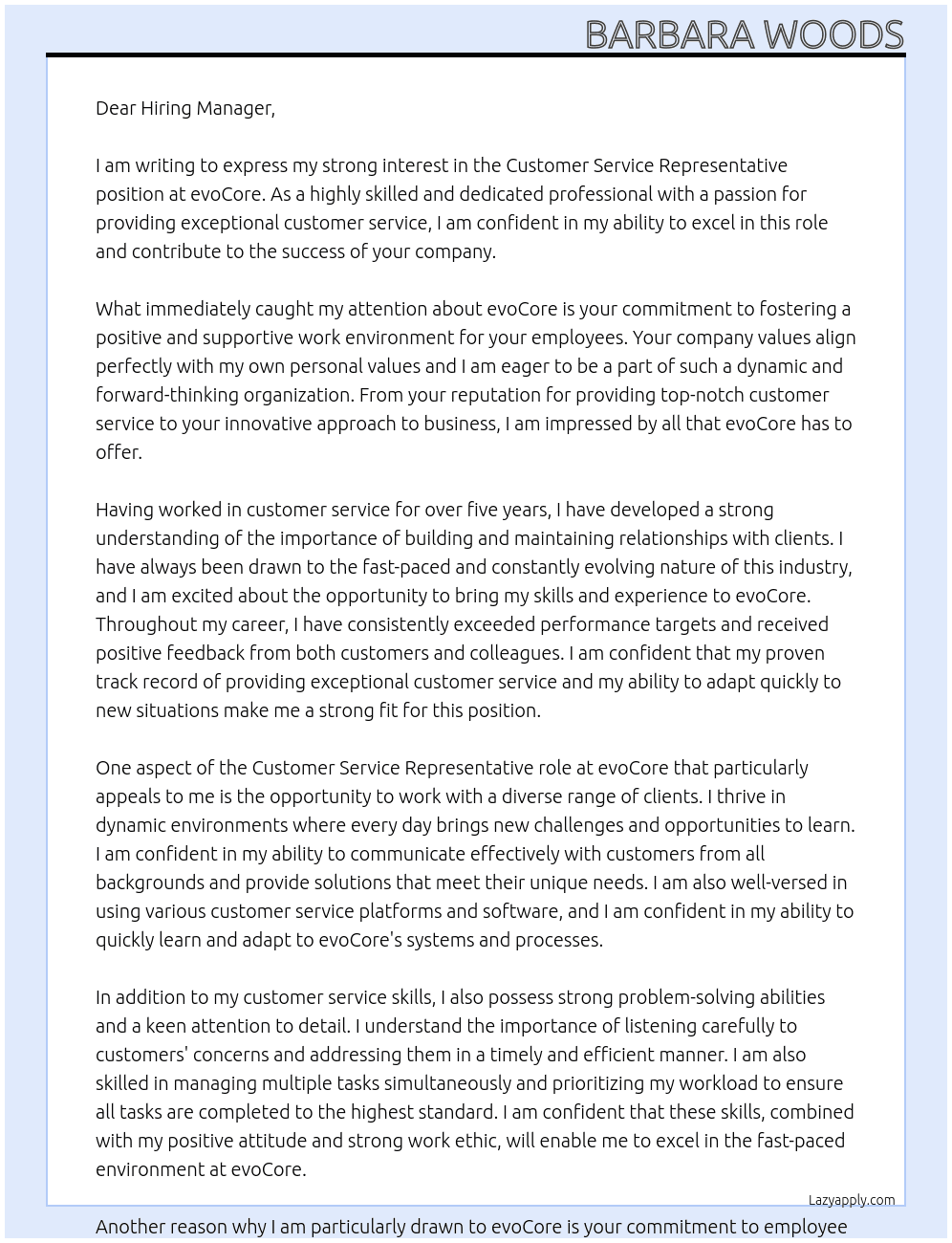 Customer Service Representative At evoCore Cover Letter