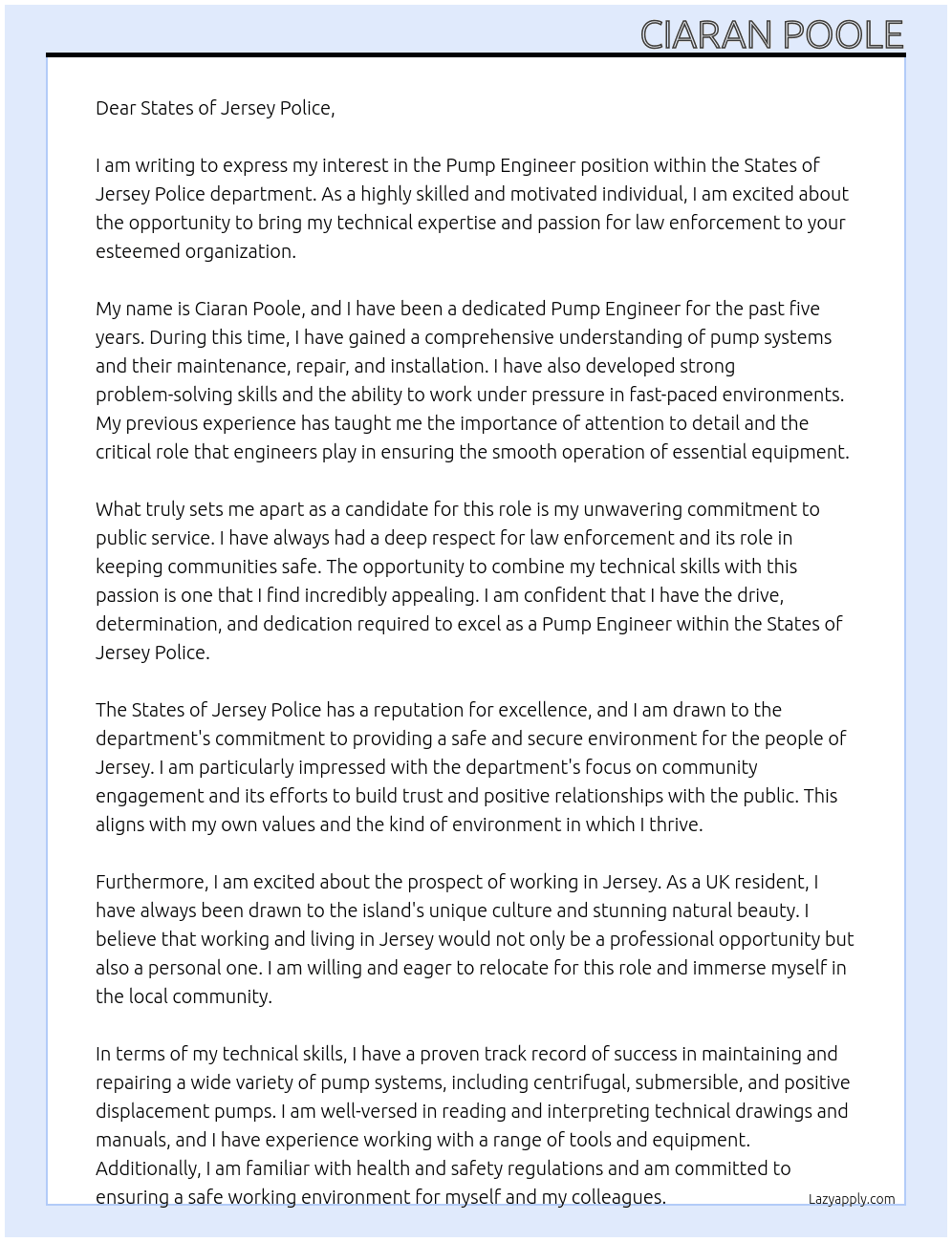 Pump engineer  At States of jersey police Cover Letter